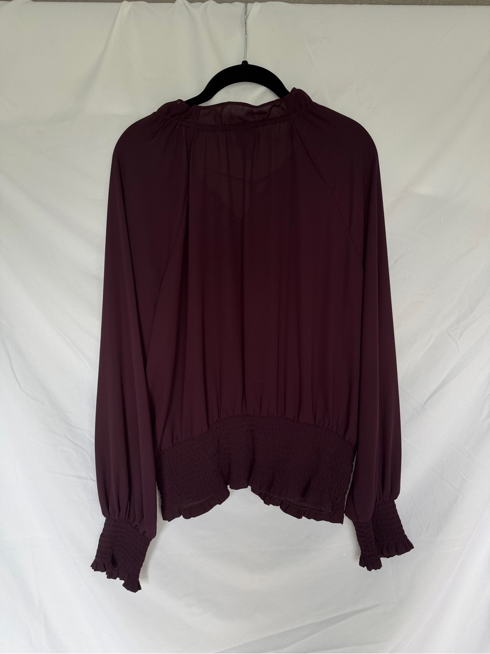 Worthington Plum V-Neck Long Sleeve Work Blouse with Smocked Hem - Picture 2 of 4